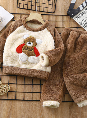 秋冬儿童加绒加厚睡衣男女宝宝法莱绒保暖家居服中小童暖暖绒睡衣