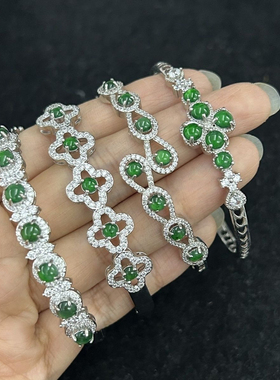 缅甸翡翠手镯银镯多宝白冰绿色紫罗兰油青蓝水蛋面镀925银镶手镯