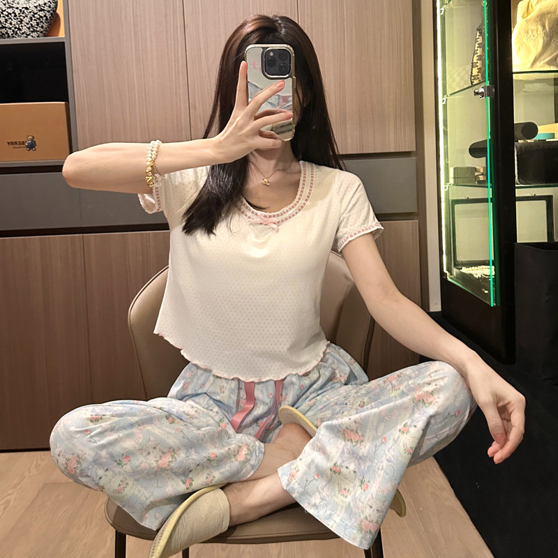 夏季睡衣纯棉提花白色短袖长裤休闲小香风两件套带胸垫家居服外穿