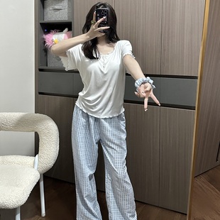 甜美可爱家居服套装 2025年新款 长裤 睡衣女春夏季 带胸垫可外穿 短袖