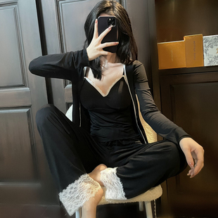 三件套小红书显瘦家居服 春睡衣莫代尔纯棉吊带小香风气质蕾丝开衫