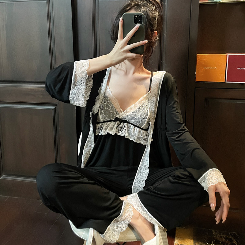 睡衣女春秋莫代尔纯棉蕾丝开衫吊带小香风气质名媛性感网红家居服