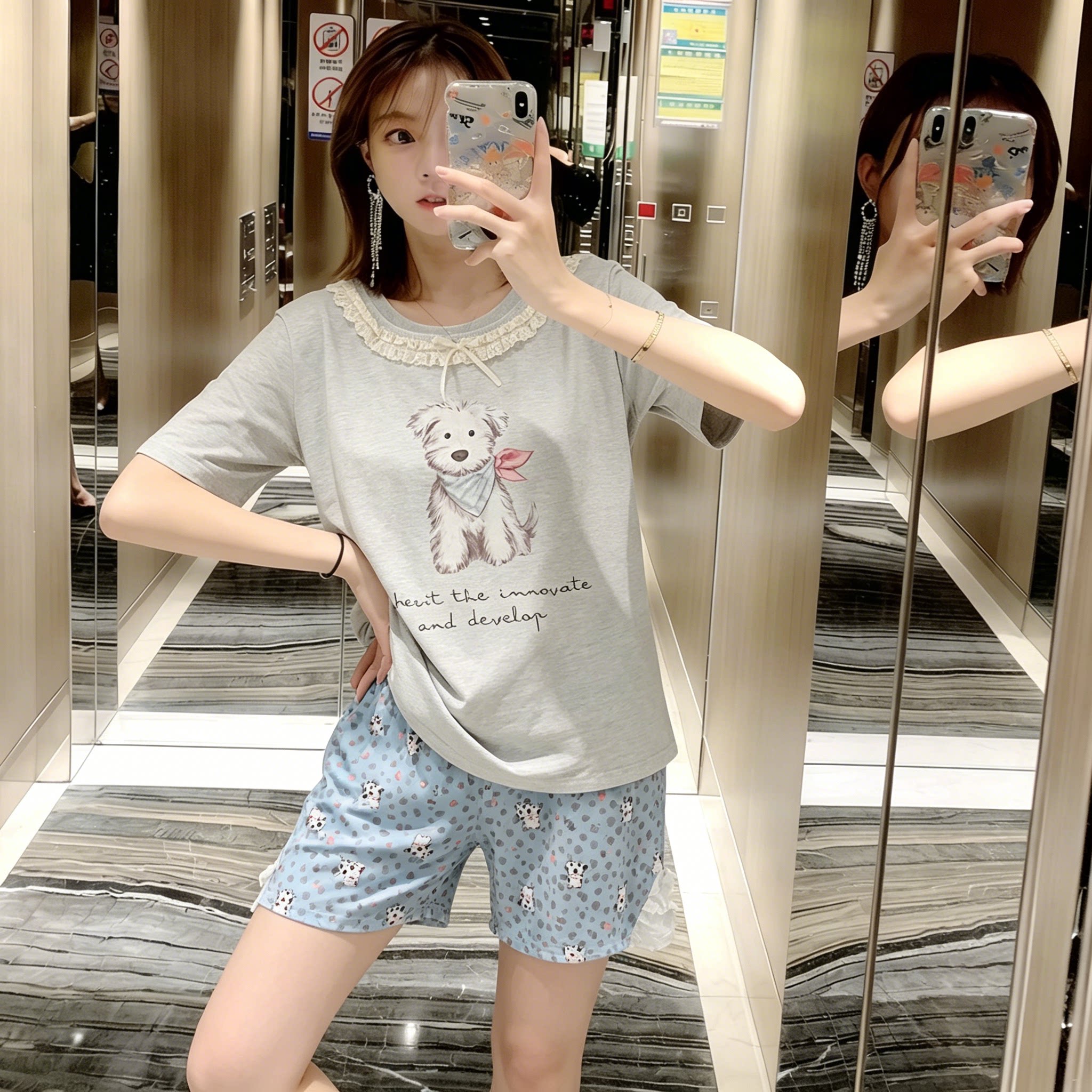夏季女小狗卡通短袖睡衣套装