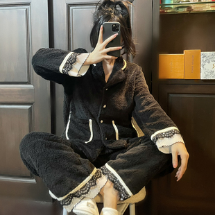 冬季睡衣珊瑚绒开衫加厚加绒法兰绒保暖宽松小香风休闲家居服套装