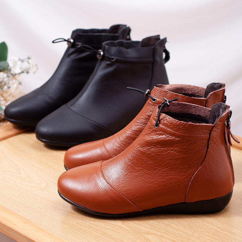 秋冬新款平底裸靴高帮圆头皮鞋软底单靴真皮短靴女简约妈妈鞋防滑