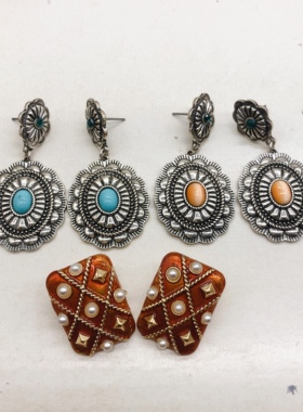 外贸饰品原单烤银复古石头猫眼石珍珠夸张新款耳钉耳饰H-644-3