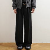 200254 双褶设计直筒宽松阔腿长裤 SHIJOIN原创 金属扣黑色休闲西裤