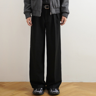 200254 双褶设计直筒宽松阔腿长裤 SHIJOIN原创 金属扣黑色休闲西裤