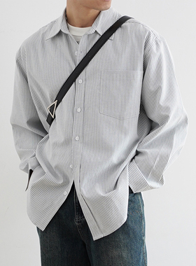 SHIJOIN原创 牛津纺浅灰色条纹长袖衬衫复古宽松易打理上衣200197