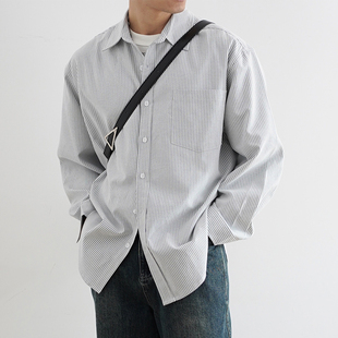 复古宽松易打理上衣200197 衬衫 SHIJOIN原创 牛津纺浅灰色条纹长袖