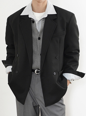 SHIJOIN原创 黑色双排扣经典平驳领休闲西装宽松垫肩外套男200177
