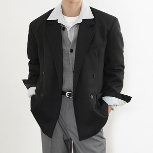 宽松垫肩外套男200177 平驳领休闲西装 SHIJOIN原创 黑色双排扣经典