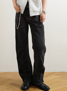 SHIJOIN新品 黑灰色复古弯刀牛仔裤街头水洗做旧微喇破洞长裤F202