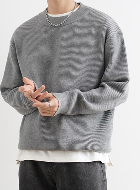 SHIJOIN原创灰色/黑色圆领针织毛衣重磅抗起球秋冬宽松上衣200143