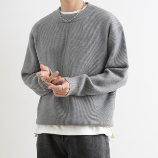 SHIJOIN原创灰色 黑色圆领针织毛衣重磅抗起球秋冬宽松上衣200143