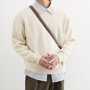 复古针织衫 慵懒风男女春季 200144 定染米杏色圆领毛衣美式 SHIJOIN