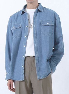 SHIJOIN原创POCKETIME浅蓝工装水洗牛仔衬衫男长袖简约200106宽松