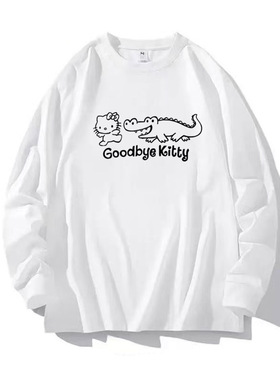 简笔画线稿卡通英文字母鳄鱼小猫可爱风圆领长袖春秋男女上衣T恤