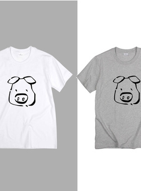 趣味卡通猪头印花短袖T恤男女印象派风格图案棉圆领百搭上衣