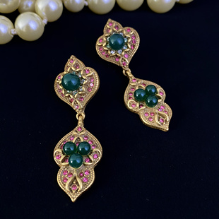 新中式孔雀绿色镶钻裙子国风耳环绿色玛瑙石耳钉扇形耳饰小众设计