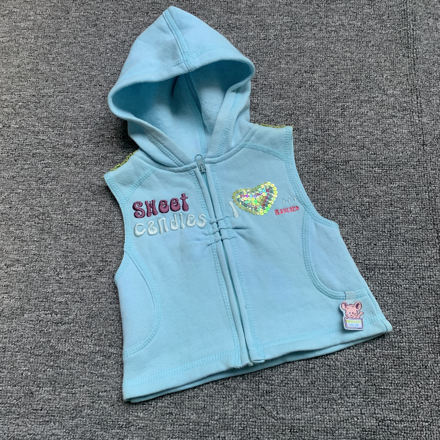 0-3个月 法单纯原新生初生婴儿女宝宝抓绒连帽亮片刺绣马甲外套