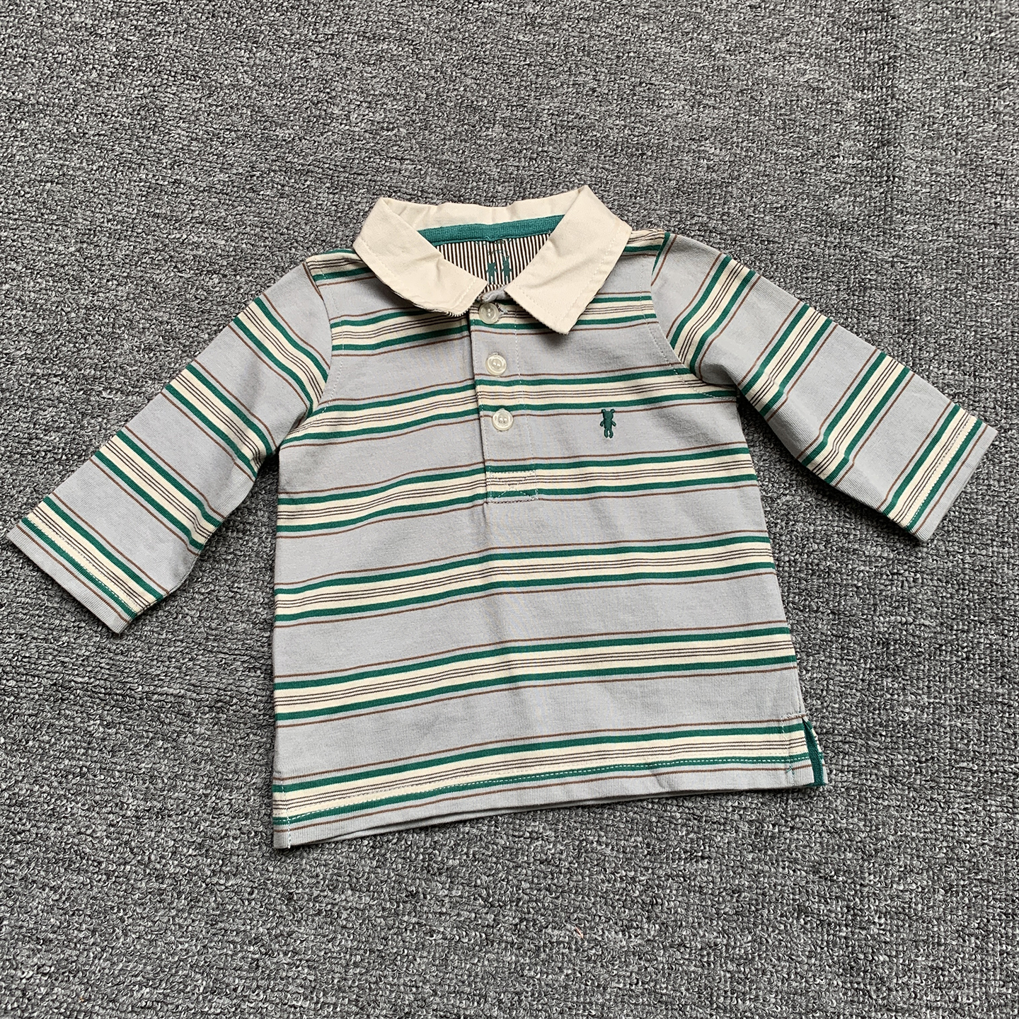 0-3个月 法单纯原初生新生婴儿男宝宝小熊刺绣翻领长袖T恤衫上衣