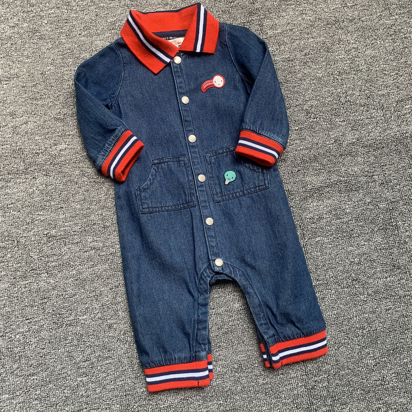 0-6个月  法单纯原新生婴儿小宝宝纯棉牛仔POLO领连体衣爬服外套