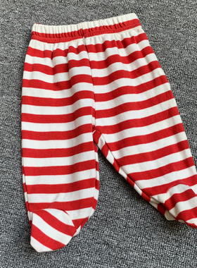 1M/56CM 法国原单新生初生婴儿纯棉红色条纹包脚裤PP裤连袜裤长裤
