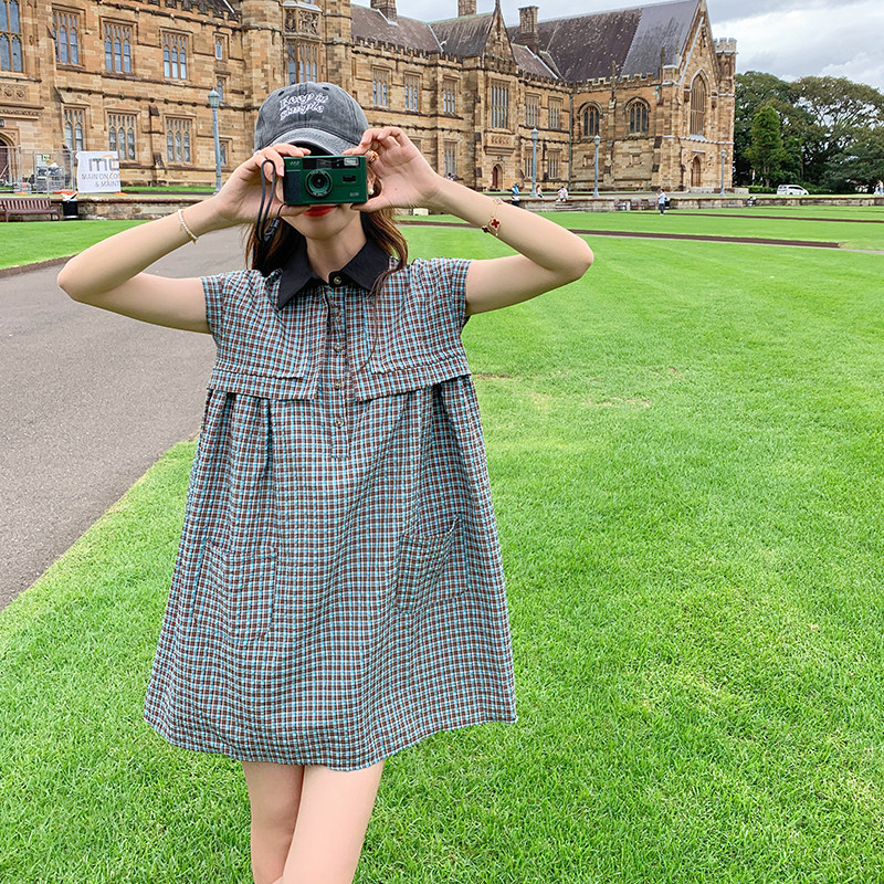 韩系俏皮减龄学院风格纹连衣裙女2025春秋季新款法式宽松显瘦短裙,女装连衣裙,浙宝251