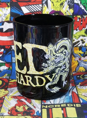 原单正版Ed潮牌个性创意纹身刺绣中国飞龙黑色玻璃水杯威士忌酒杯
