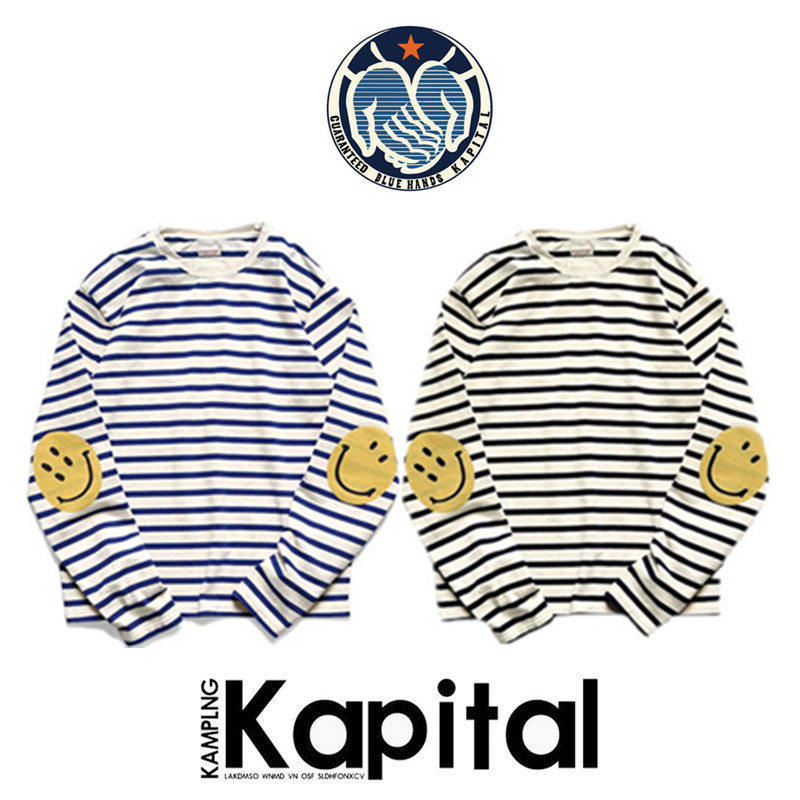 【现货5折】KAPITAL JAPA平田男女春秋条纹T恤笑脸打底百搭休闲潮