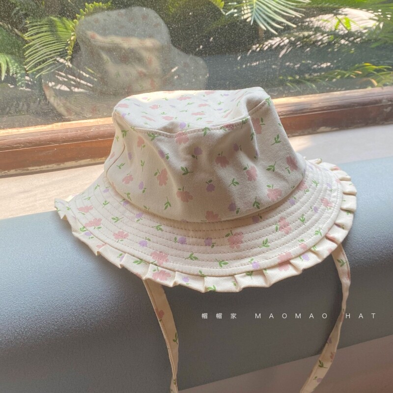 帽帽家 自制春夏日系帽子小清新碎花荷叶边少女渔夫帽纯棉防晒帽
