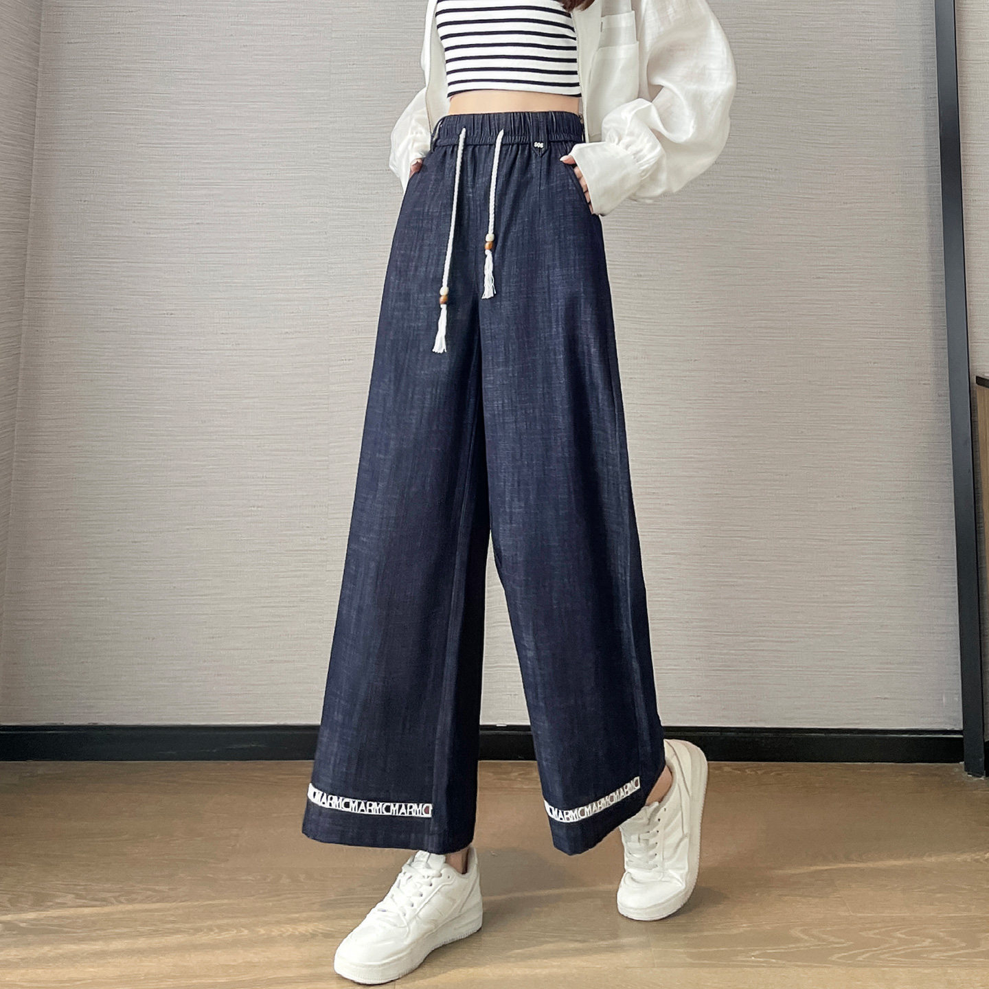 九分窄版阔腿牛仔裤女2026新款脚口镂空松紧腰宽松显瘦直筒牛仔裤,女装/女士精品,牛仔裤,淘宝优惠券,粉丝福利购,淘宝优惠卷