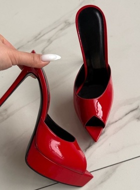 尖头水台时装凉鞋法式轻奢细跟拼色高跟鞋2025新款sandals 14CM