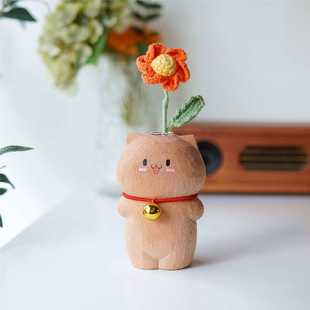 Joe 小作坊原创小猫木雕花器可爱创意桌面书桌手作INS风呆萌礼物