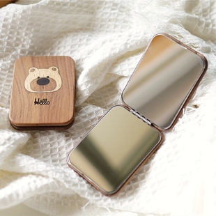 Joe 饰包包镜礼物原木手工 小熊不锈钢镜子折叠可爱创意随身家居装