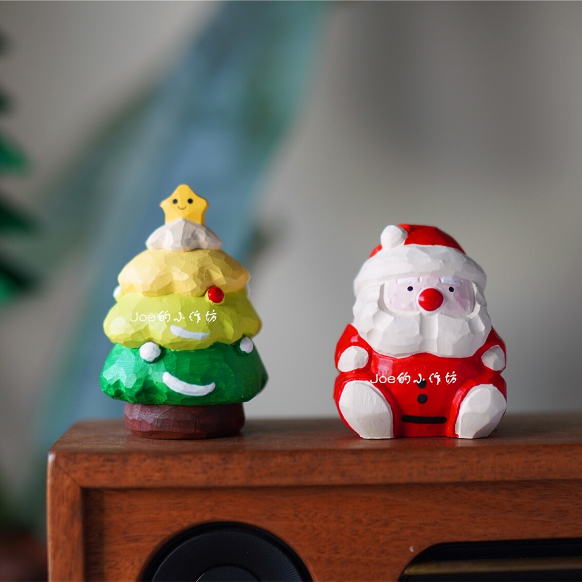 圣诞树圣诞老人小木雕马卡龙色