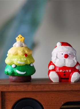 圣诞树圣诞老人小木雕马卡龙色
