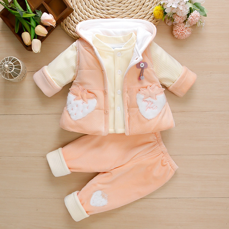 女宝宝春秋夹棉分体套装新生女婴幼儿薄棉外出衣服加厚三件套冬季
