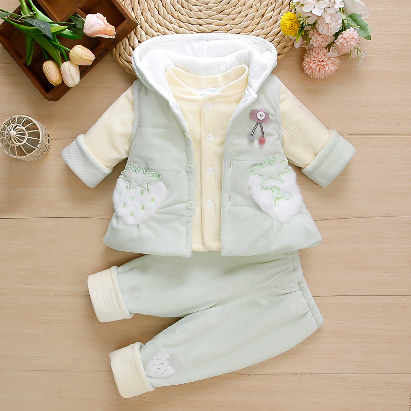 女宝宝春秋款夹棉分体套装新生婴幼儿薄棉外出衣服加厚三件套冬季
