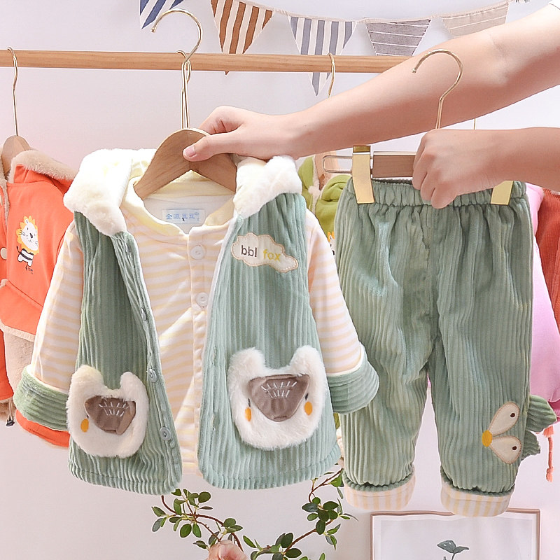 女宝宝春秋冬款夹棉套装01岁2洋气新生婴幼儿薄棉衣服加厚三件套3