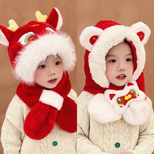冬季 保暖龙红色醒狮新年喜庆女童毛绒帽套头帽围巾一体帽宝宝围脖