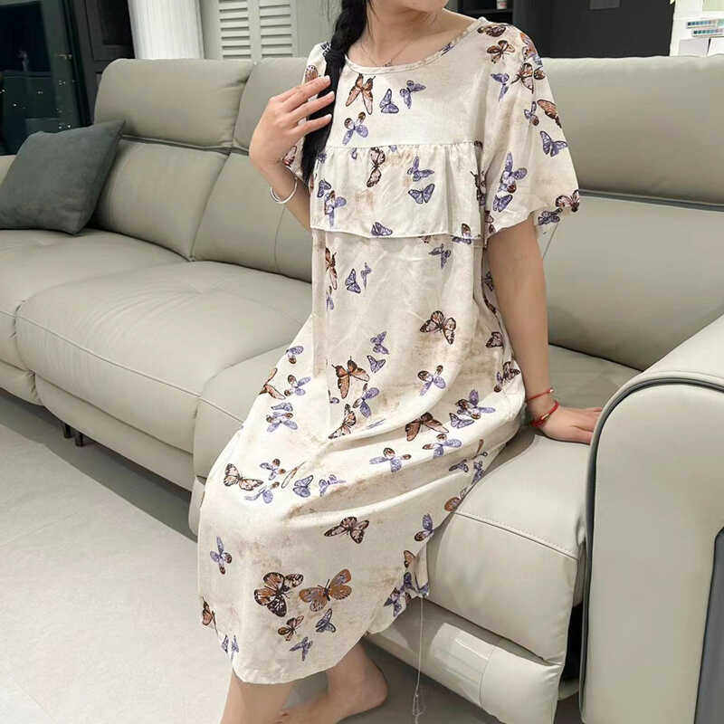 加大码棉绸睡裙女夏季短袖薄款女士休闲家居服人造棉裙子韩版套头
