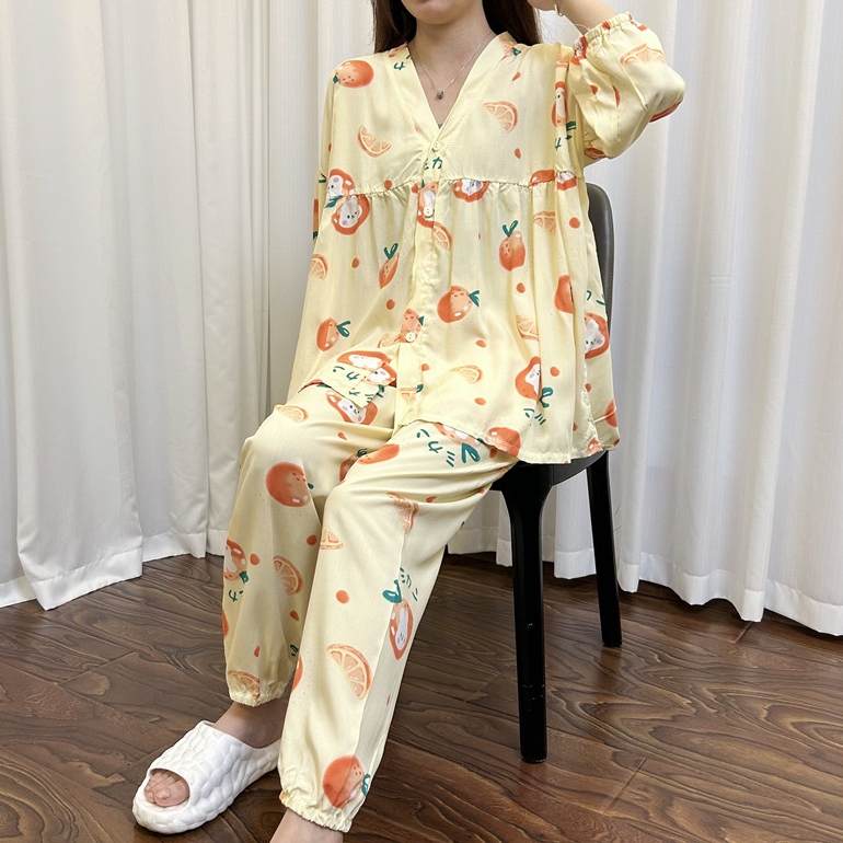 棉绸23年新款睡衣女春夏季V领开衫灯笼袖可外穿家居服绵绸套装