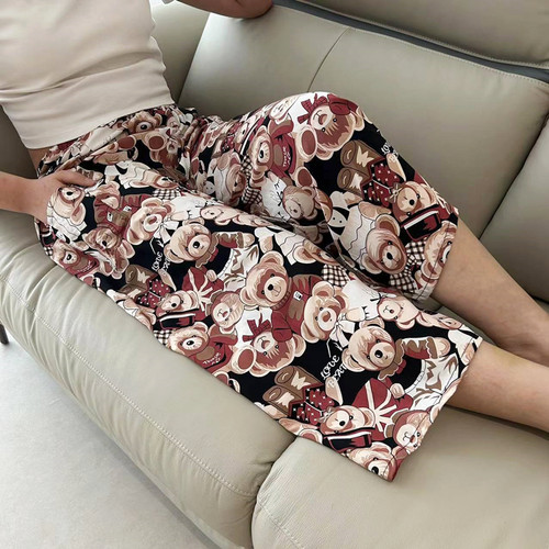 少女棉绸阔腿裤睡裤女薄款宽松直筒休闲长裤子高腰垂感条纹九分裤