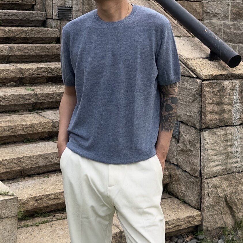 老钱风男士薄款圆领短袖针织衫舒适上衣100%羊毛双色花纱单穿打底