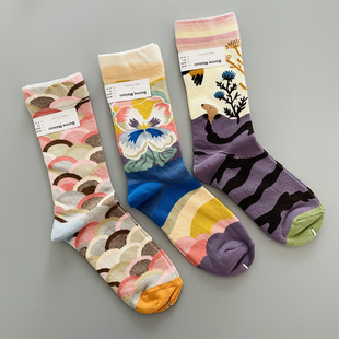 彩色趣味油画风ins中筒袜网红潮袜 款 爆款 法国小众BM女士棉袜四季