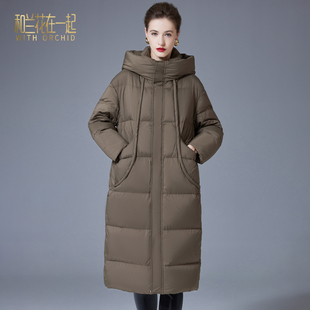 欧美高端加长款羽绒服女2026冬装新款气质棕色连帽加厚过膝外套女