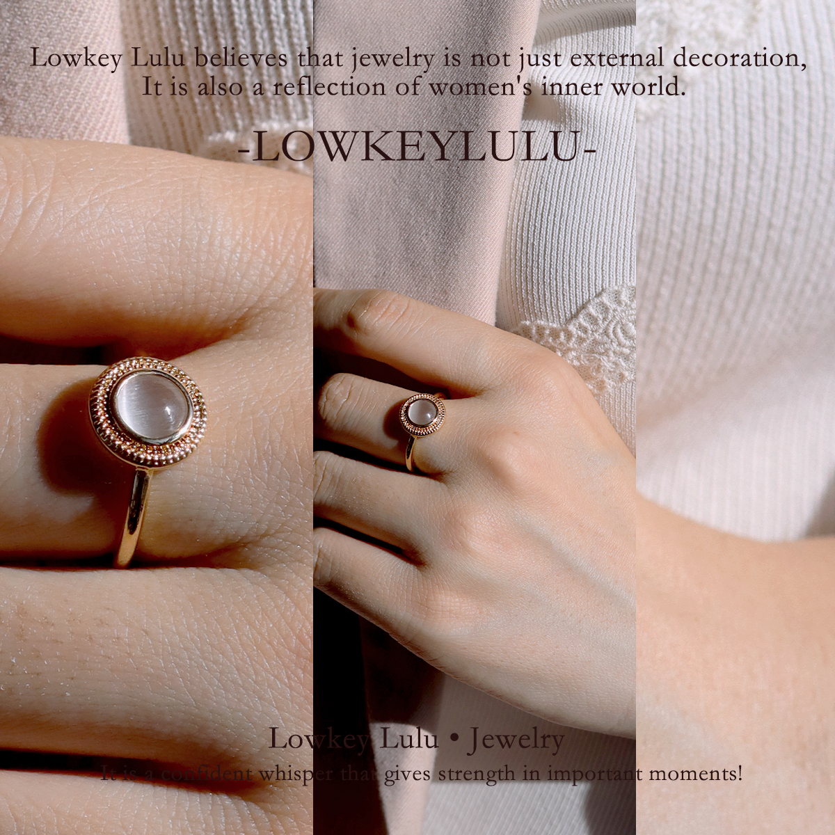 【法国进口】3微米18K包金厚镀金猫眼石原创复古浪漫中古蛋面戒指