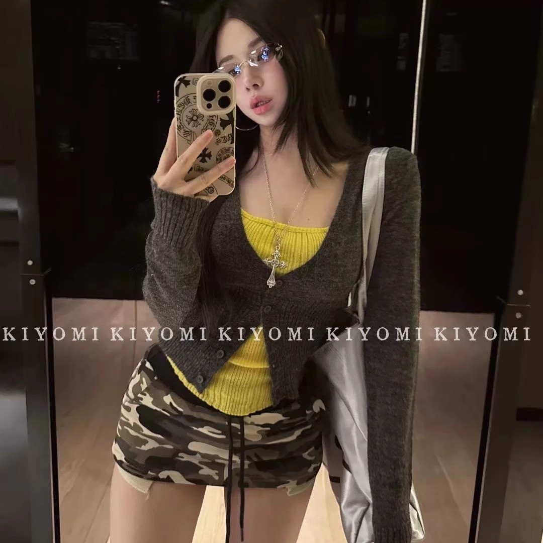 现货~KIYOMI老钱风秋冬韩版纯欲辣妹撞色假两件针织衫垫肩显瘦